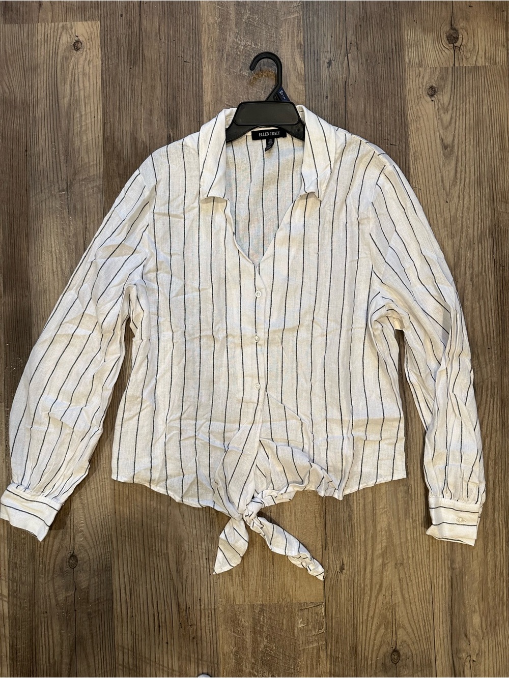 NWT Ellen Tracy Linen Blend White Button Up Top with Black Vertical Stripes